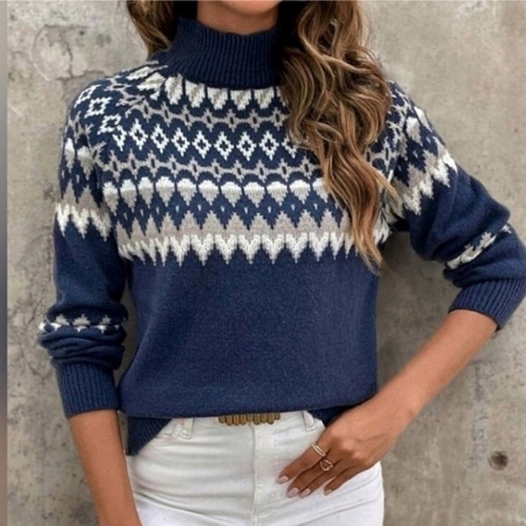 Rock Springs Sweaters - Navy Fair Isle Turtleneck Sweater Nordic Winter Knit Cozy Pullover NWT Medium